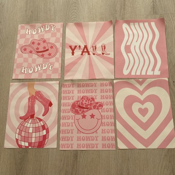 Set of 6 vinyl fabric prints, pink cowboy themed. 10 inches  x 8 inches - Picture 1 of 1